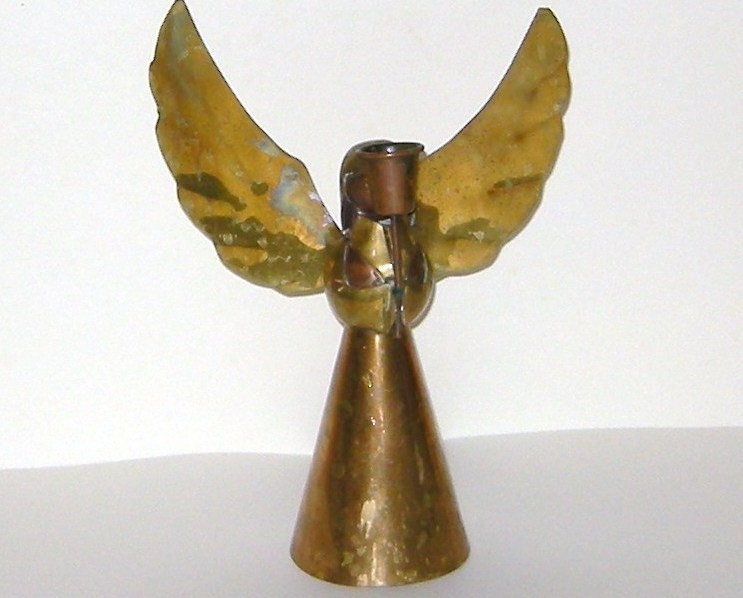 Weathered Patinaed Brass and Copper Angel Candle Holder Christmas