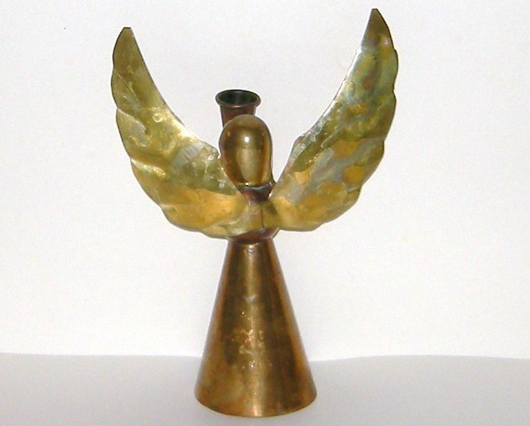 Weathered Patinaed Brass and Copper Angel Candle Holder Christmas