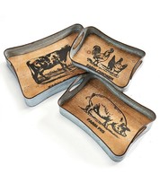 Rustic Metal Trays Set of 3 Nestled Farm Animals Cow Pig Chicken w Metal Handles image 1