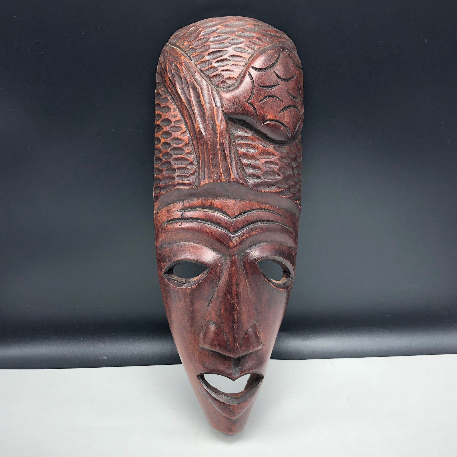 African Wood Mask Hand Carved Painted Ceremonial Tribal Tiki Decor Wall Hanging