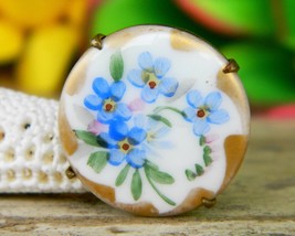 Vintage victorian porcelain brass flowers brooch pin painted gold trim thumb200