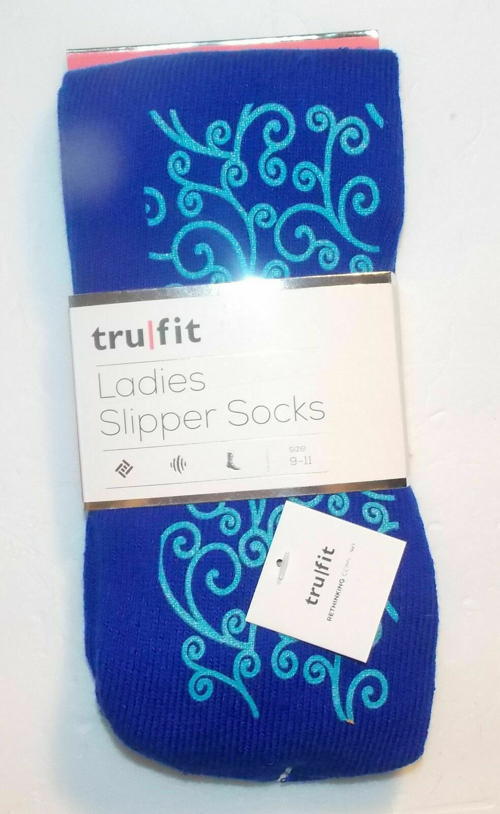 Primary image for Tru Fit Ladies Slipper Sock Non Slip Grips L.Blue Snowswirls Blue 9-11 NWT