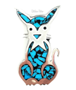 Turquoise and 925 Sterling Silver Cat Brooch Marked Mexico TM-183 - $44.00