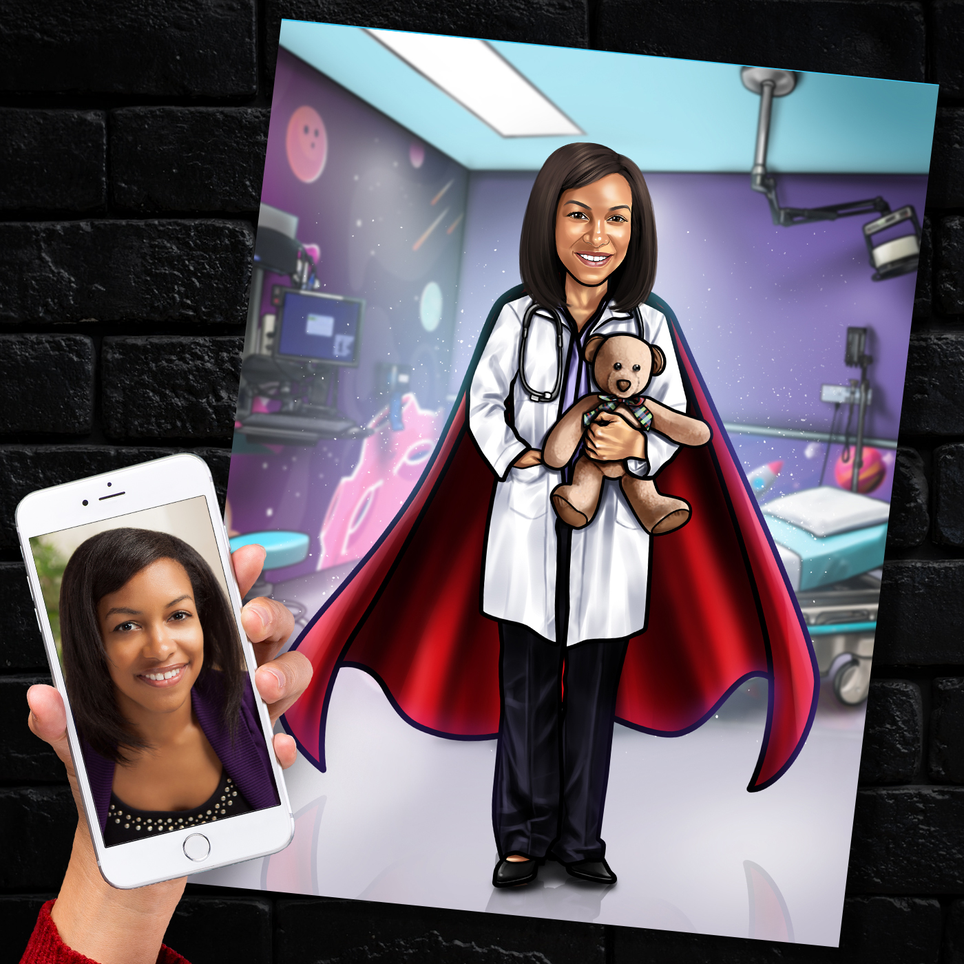 Super Pediatrician Caricature, Custom Modern Day Superhero Portrait Child Doctor