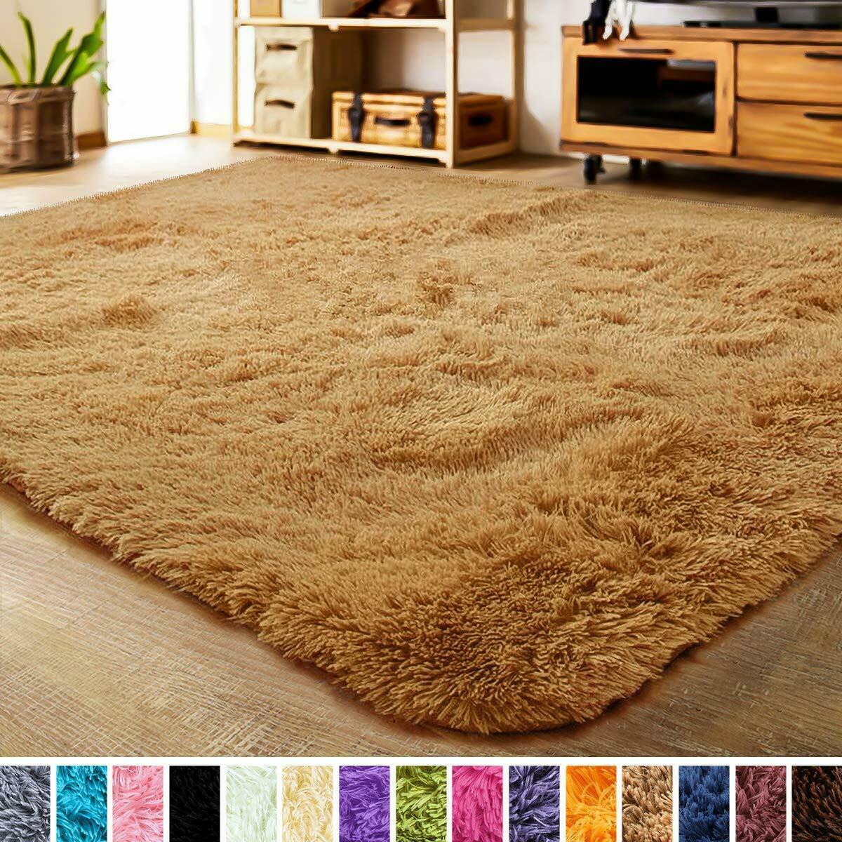 Beige Faux Fur Rug Area Shaggy 5.3 x 7.5 Home Decor Push Carpet