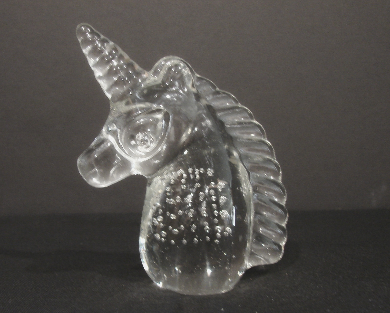 Art Glass Unicorn Head Paperweight with Controlled Bubbles Clear