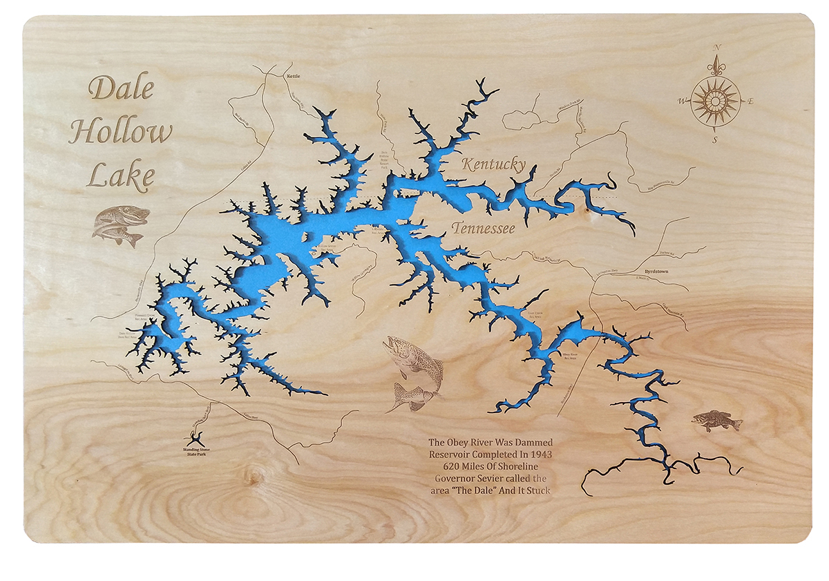 Wood Laser Cut Map of Dale Hollow Lake, TN Topographical Engraved Map Plaques & Signs