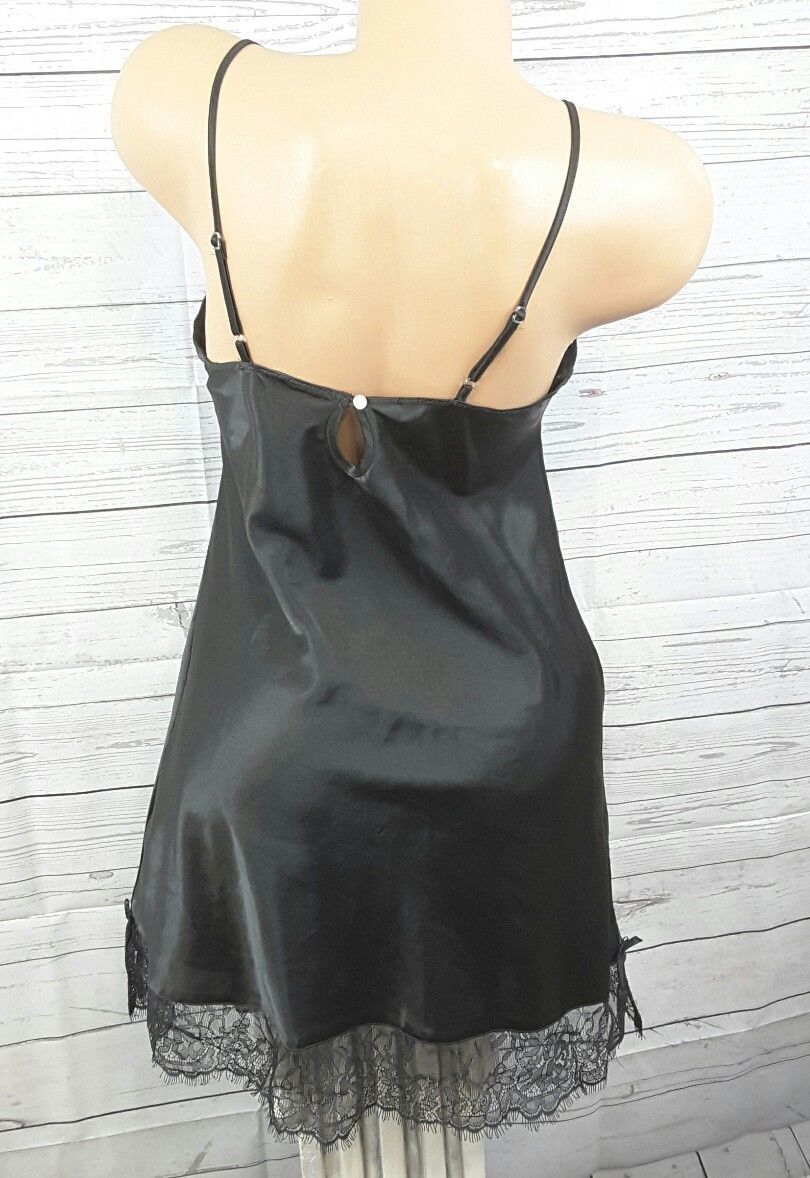 AMBRIELLE black glossy Satin & lace Short NightGown Sz S Luxurious Lace ...