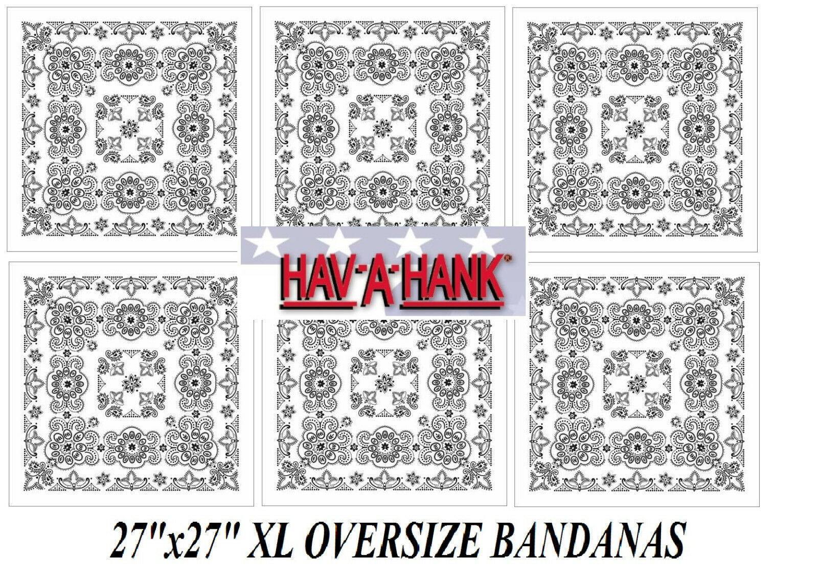 6 Hav-A-Hank XL BIG SIZE WHITE PAISLEY 27 BANDANNA Head Wrap Face Mask Scarf b