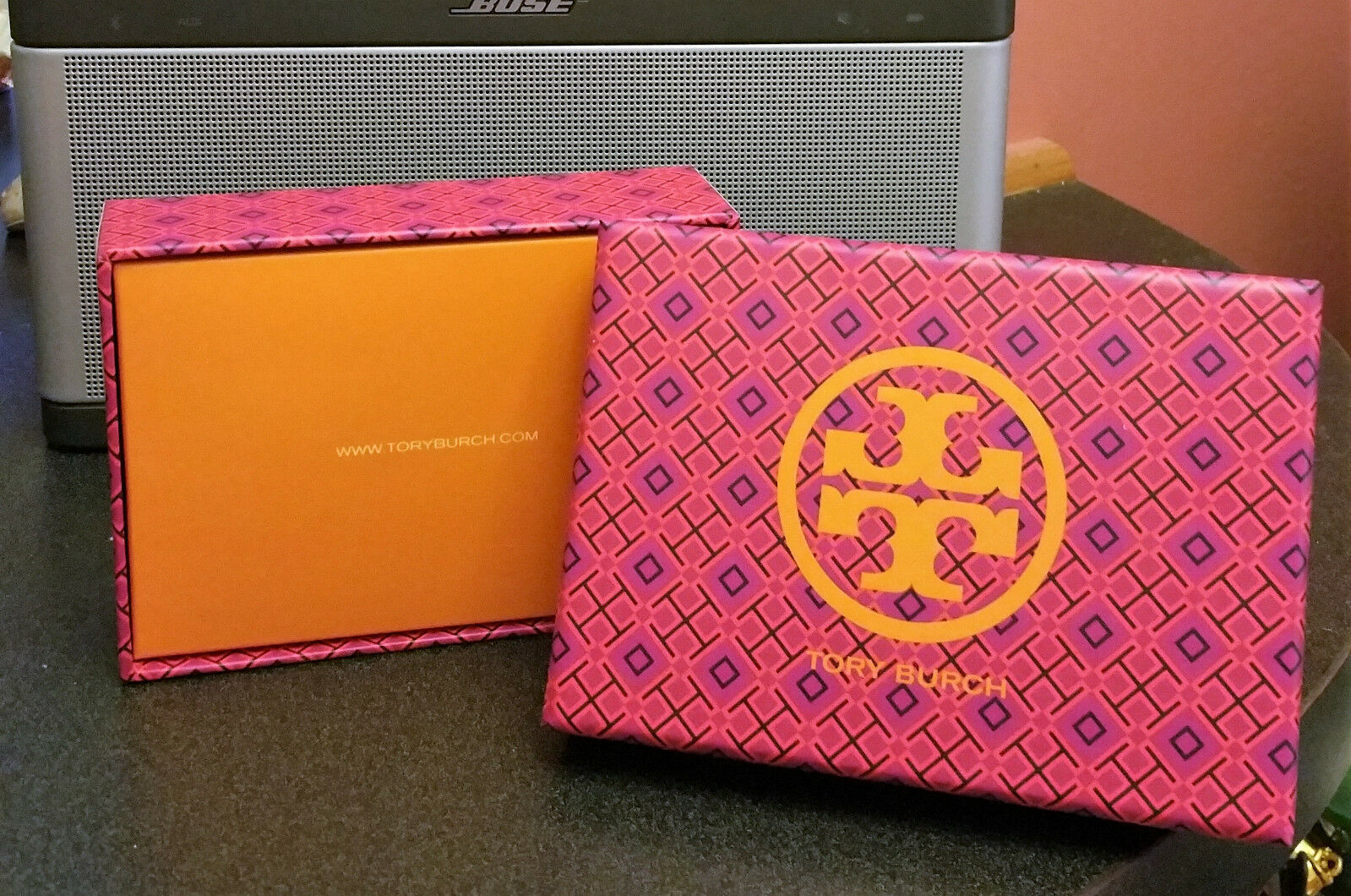 Tory Burch Gift Box w/ Orange Ribbon Bow, Insert, gift card flip over