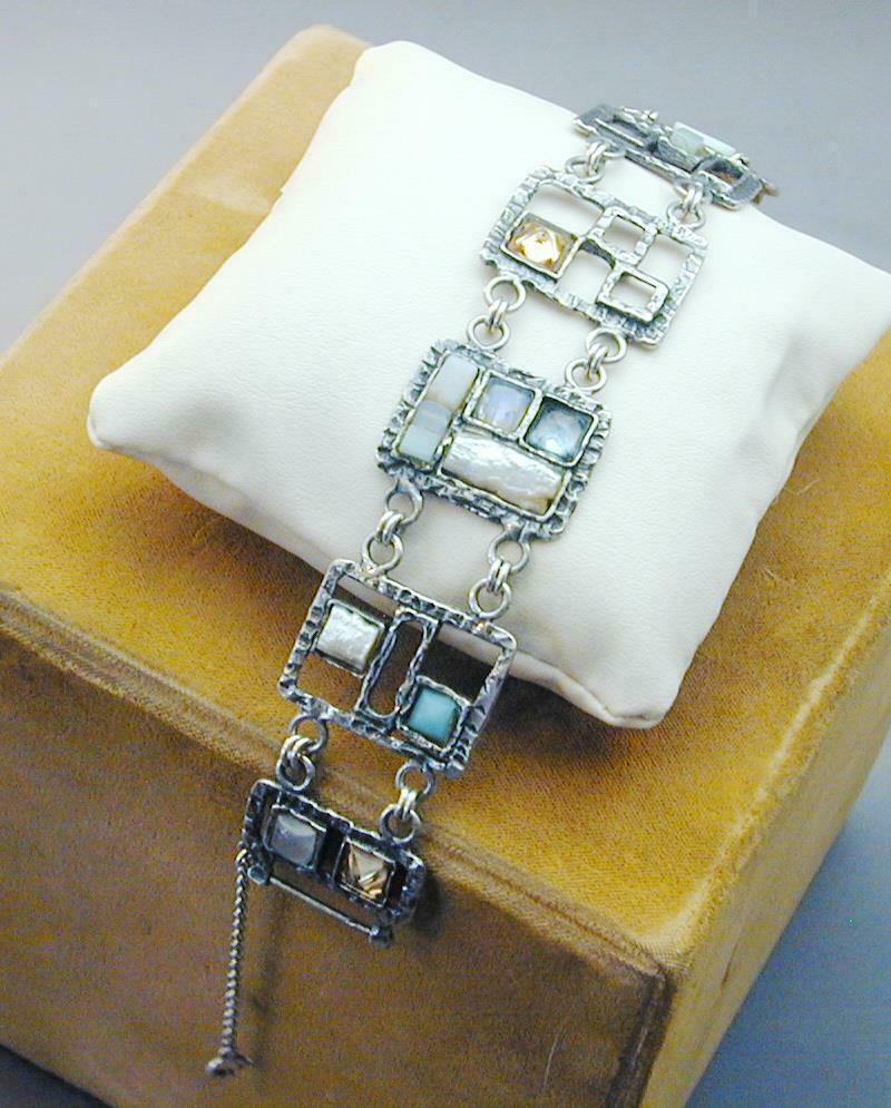 Primary image for Ascopa Sterling Multi Gemstone Modernist Panel Link Bracelet 7.5" NWOB Wide