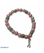 Breast cancer awareness pink ribbon bracelet glass beaded silver tone br... - $16.18