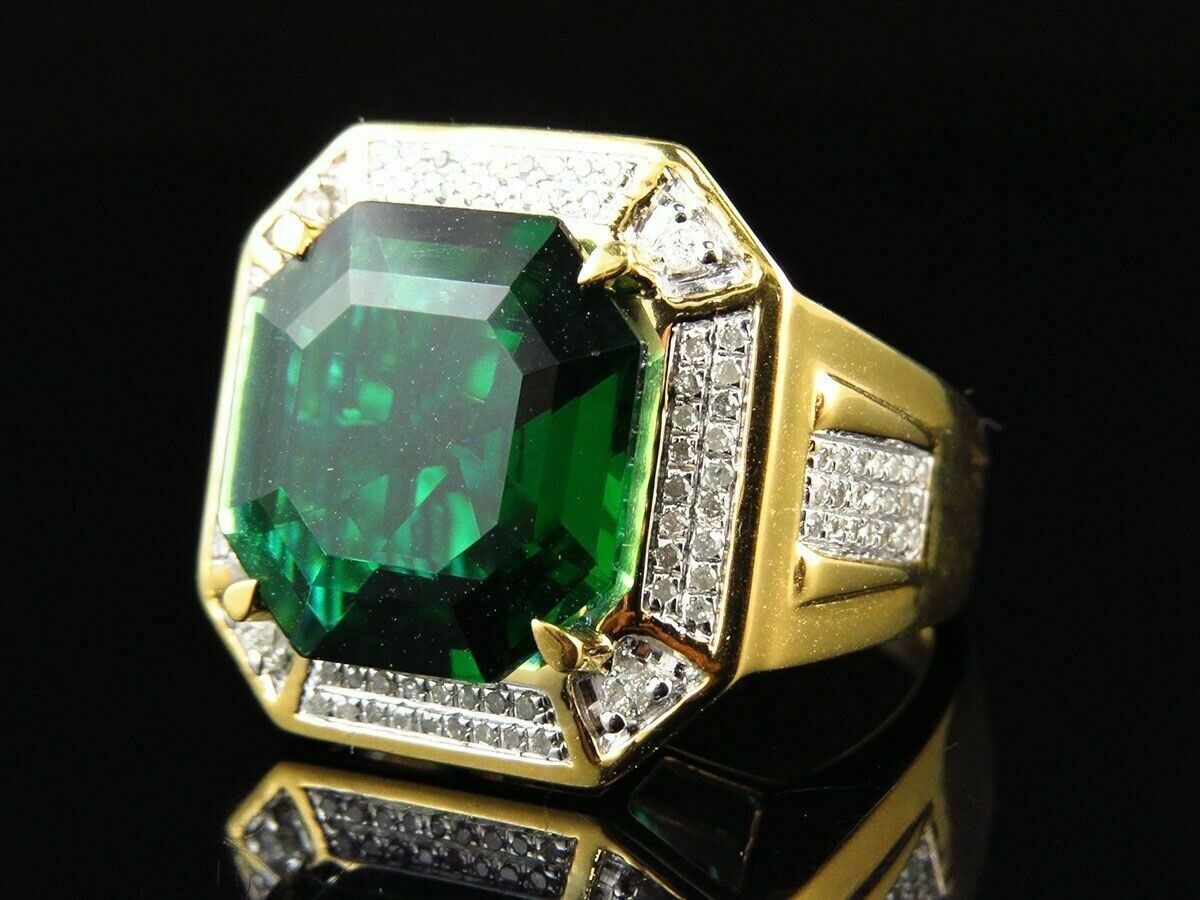 3Ct Asscher Cut Green Emerald & Diamond Band Pinky Men's Ring 14k ...