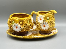 Vintage Fred Roberts Cream and Sugar Set - Raised Ceramic - Daisy Gold a... - $29.69