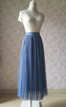 Dusty Blue Pleated Tulle Skirt Plus Size High Waist Pleat Bridesmaid Long Skirt image 6
