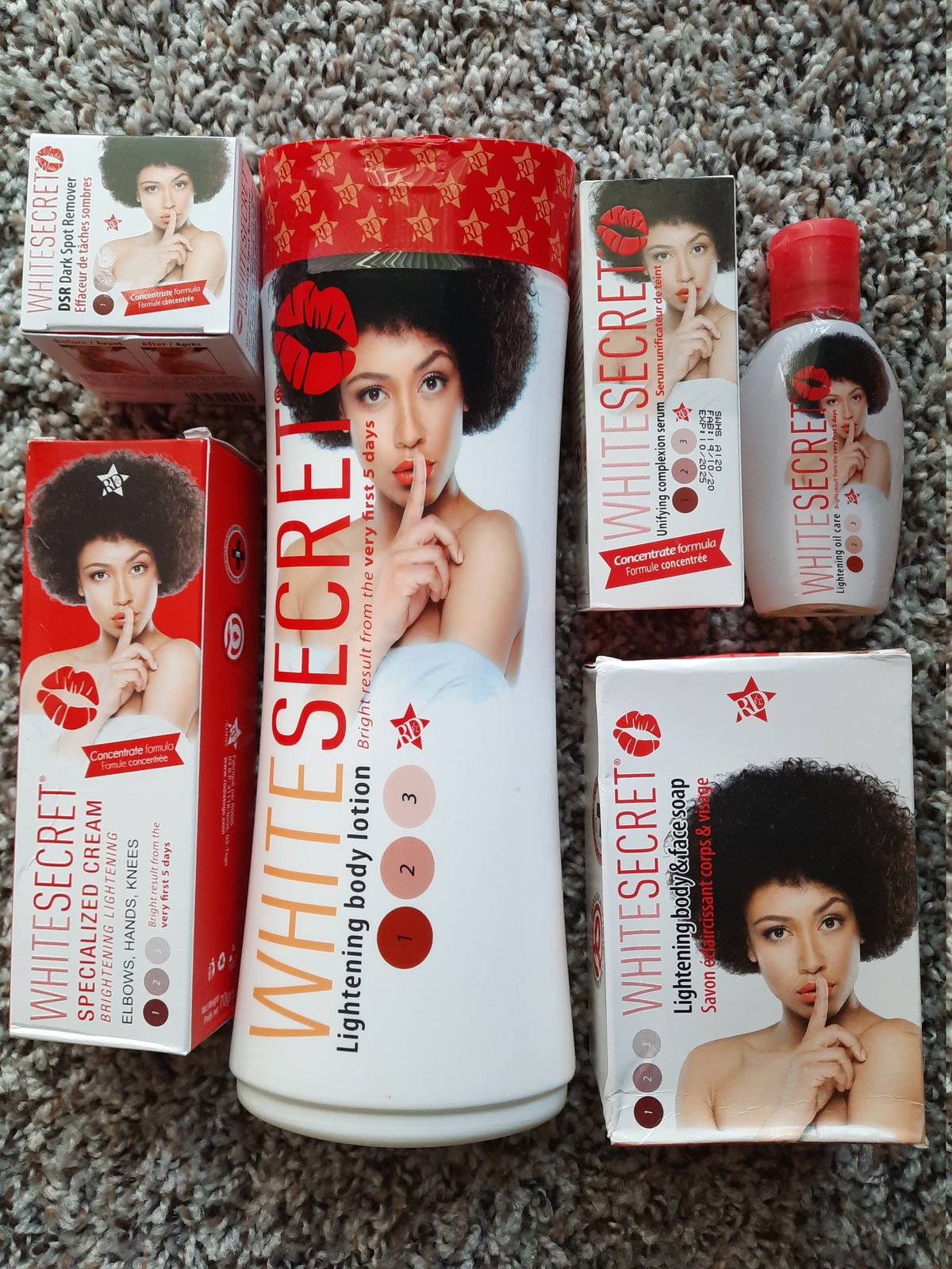 6 in 1 white secret set:500ml lotion+soap+unifying serum+oil+face cream+tube cre