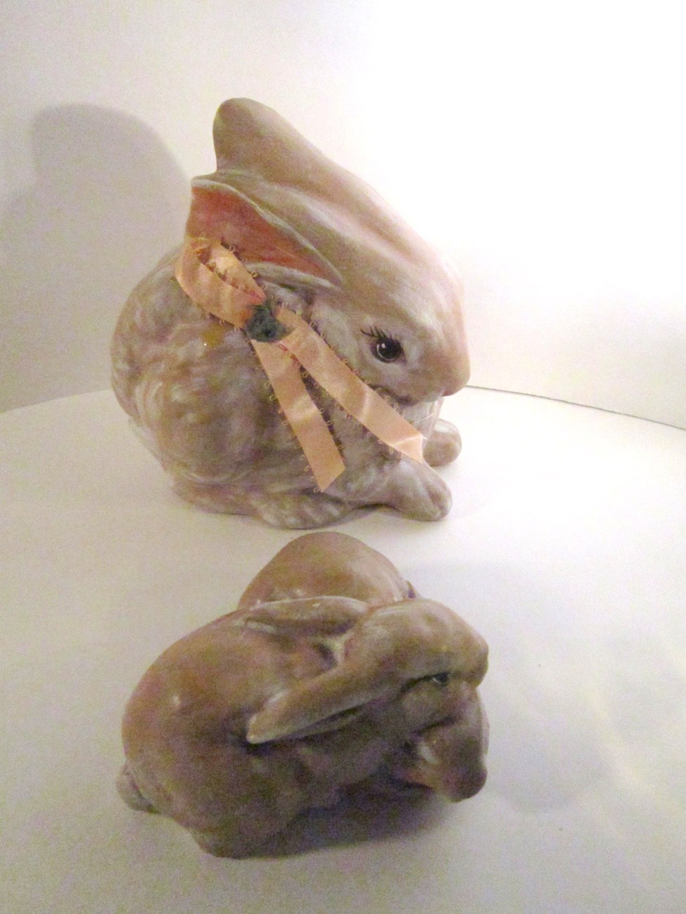 Two Bunny Rabbit Hand Painted Vintage Ceramic Brown Mother And Kits Rabbits