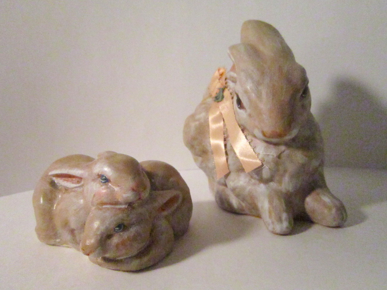 Two Bunny Rabbit Hand Painted Vintage Ceramic Brown Mother and Kits