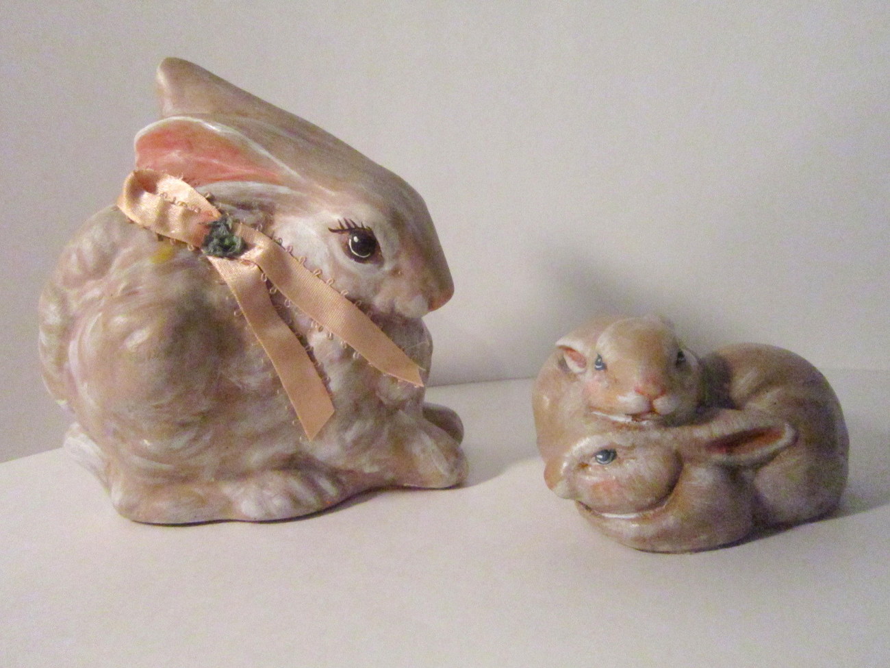 Two Bunny Rabbit Hand Painted Vintage Ceramic Brown Mother and Kits