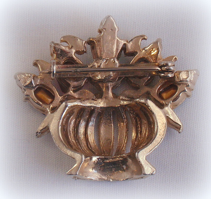 Vintage Flower Pot Pin with Jeweled Flowers Rhinestones Gemstones