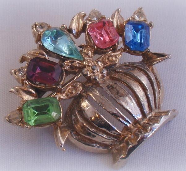 Vintage Flower Pot Pin with Jeweled Flowers Rhinestones Gemstones