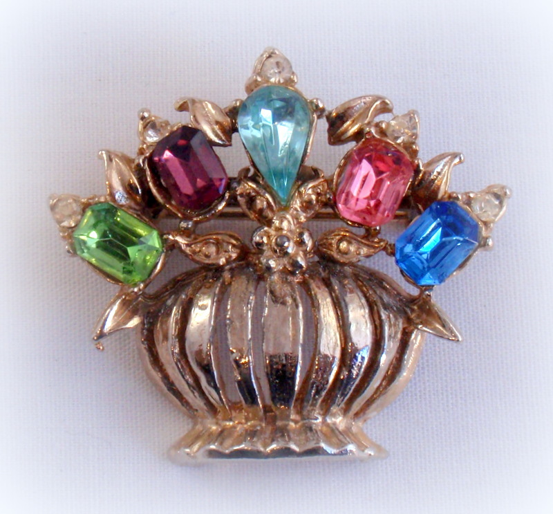 Vintage Flower Pot Pin with Jeweled Flowers Rhinestones Gemstones
