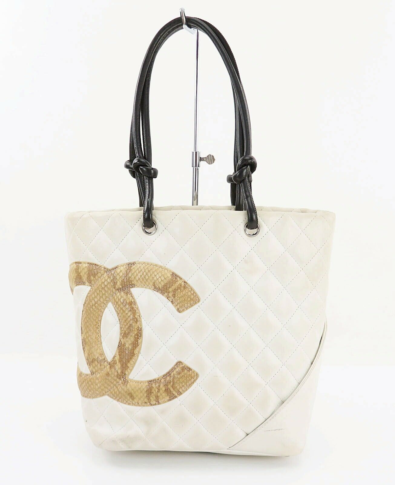 Auth CHANEL Cambon Line Quilted Off White Leather Snake Skin CC Tote ...
