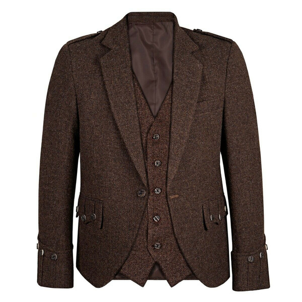 Scottish Great Dark Brown Tweed Men's Argyle Kilt Jacket with 5 Button waistcoat