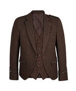 Scottish Great Dark Brown Tweed Men&#39;s Argyle Kilt Jacket with 5 Button w... - $109.99