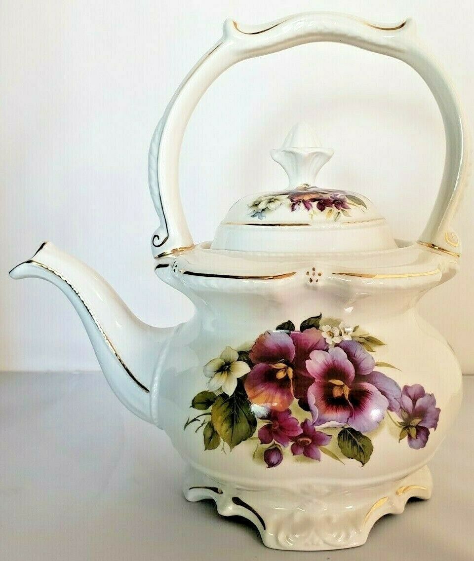 Vintage Teapot Purple Pansies Flower Pattern Crown Dorset Fine Bone China Made in England by Staffordshire Fine Ceramics