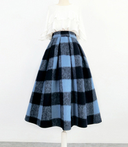 BLUE PLAID Midi Skirt Outfit Women Winter Wool Midi Plaid Party Skirt Plus Size image 6