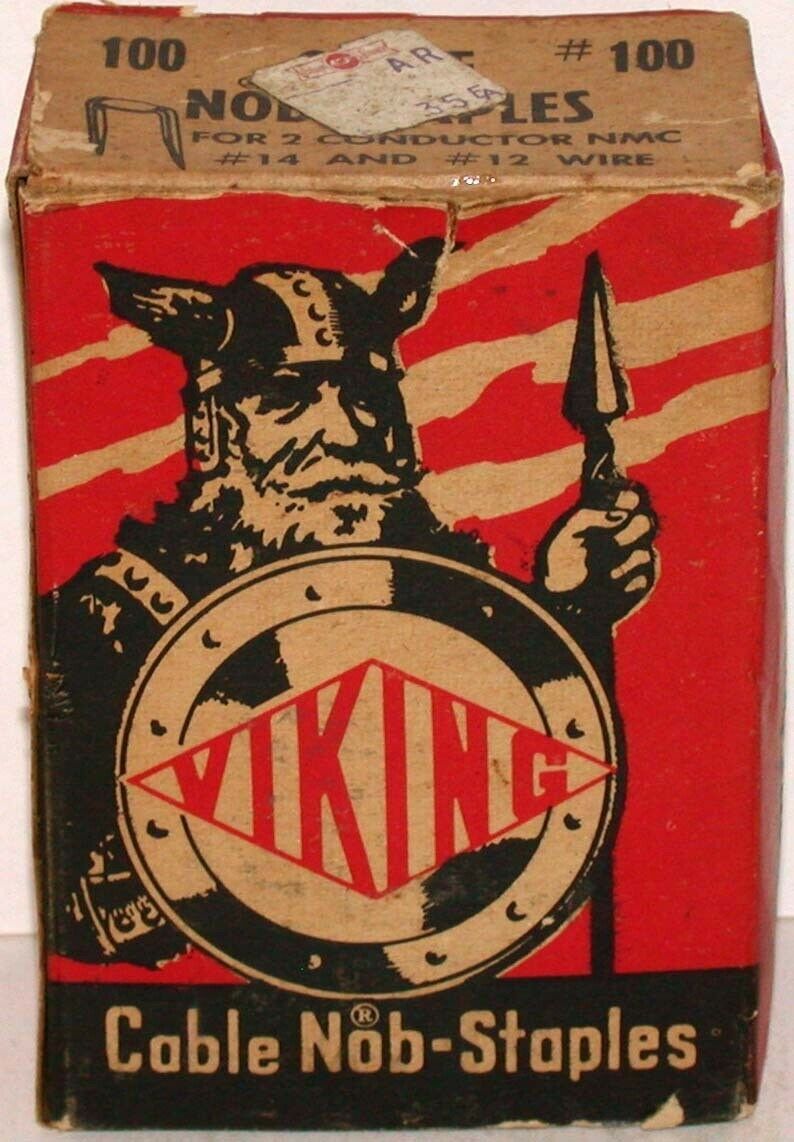 Vintage box VIKING CABLE NOB STAPLES Viking pictured W W Cross Co