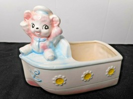 Vintage Inarco Planter Pink Teddy Bear Boat Baby Room Decor Nursery Shower Gift - $22.76