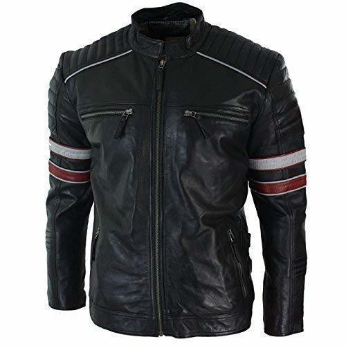 Men Racing Black Biker Jacket Red White Stripes Real Leather Casual ...