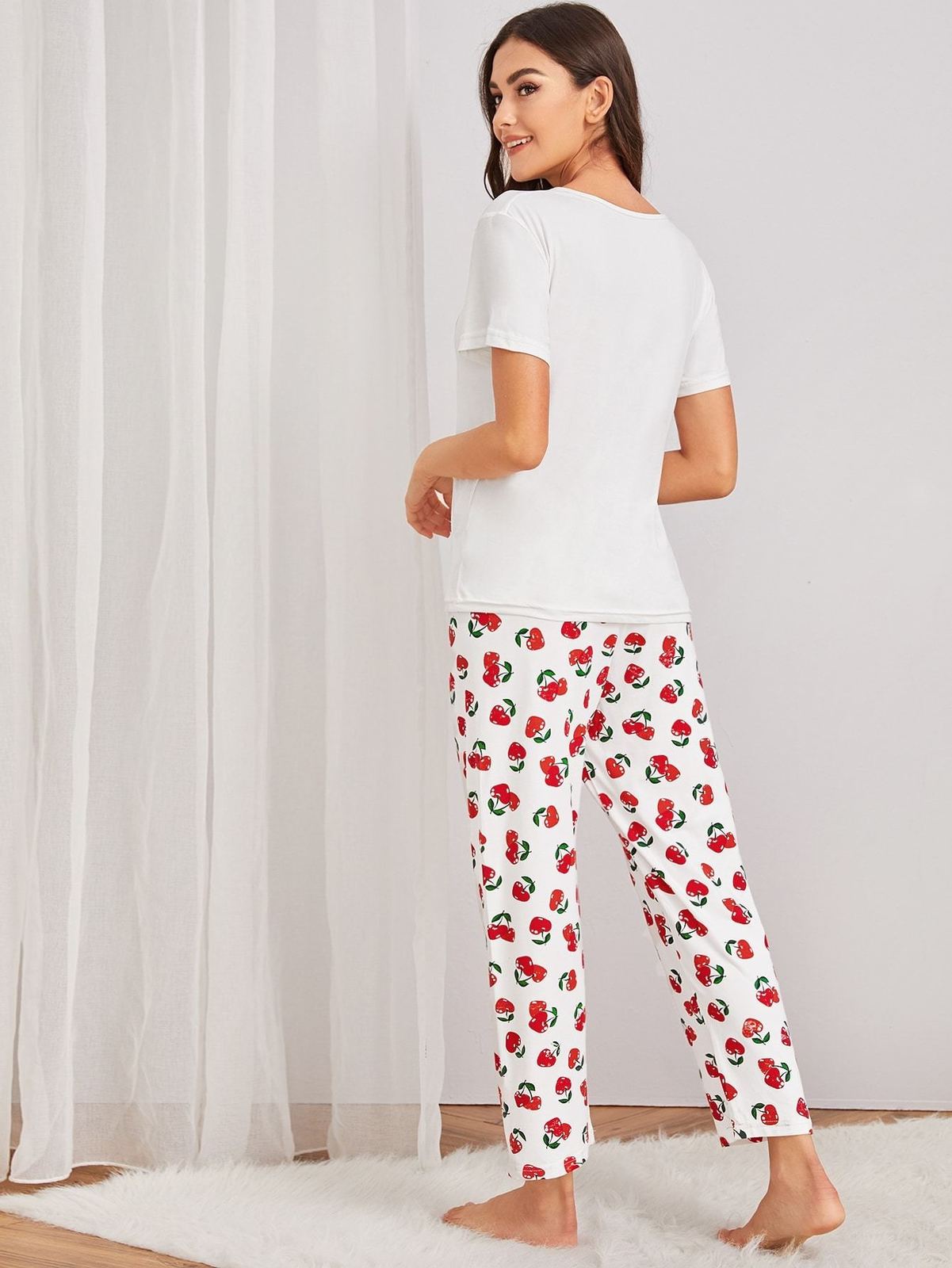 Cherry Print Pajama Set Jumpsuits And Rompers