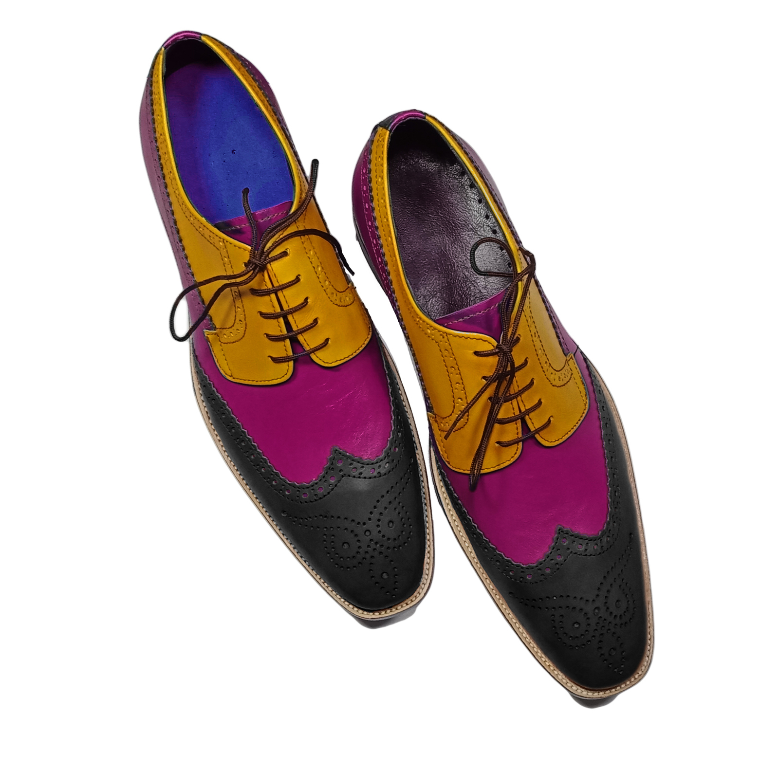 Mens Multi Color Black Purple Yellow Handmade Oxford Lace Up Leather