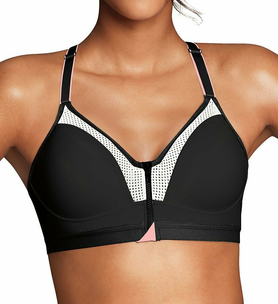 Maidenform BLACK BUDDING PINK Secure Zip Front Racerback Sports Bra, US