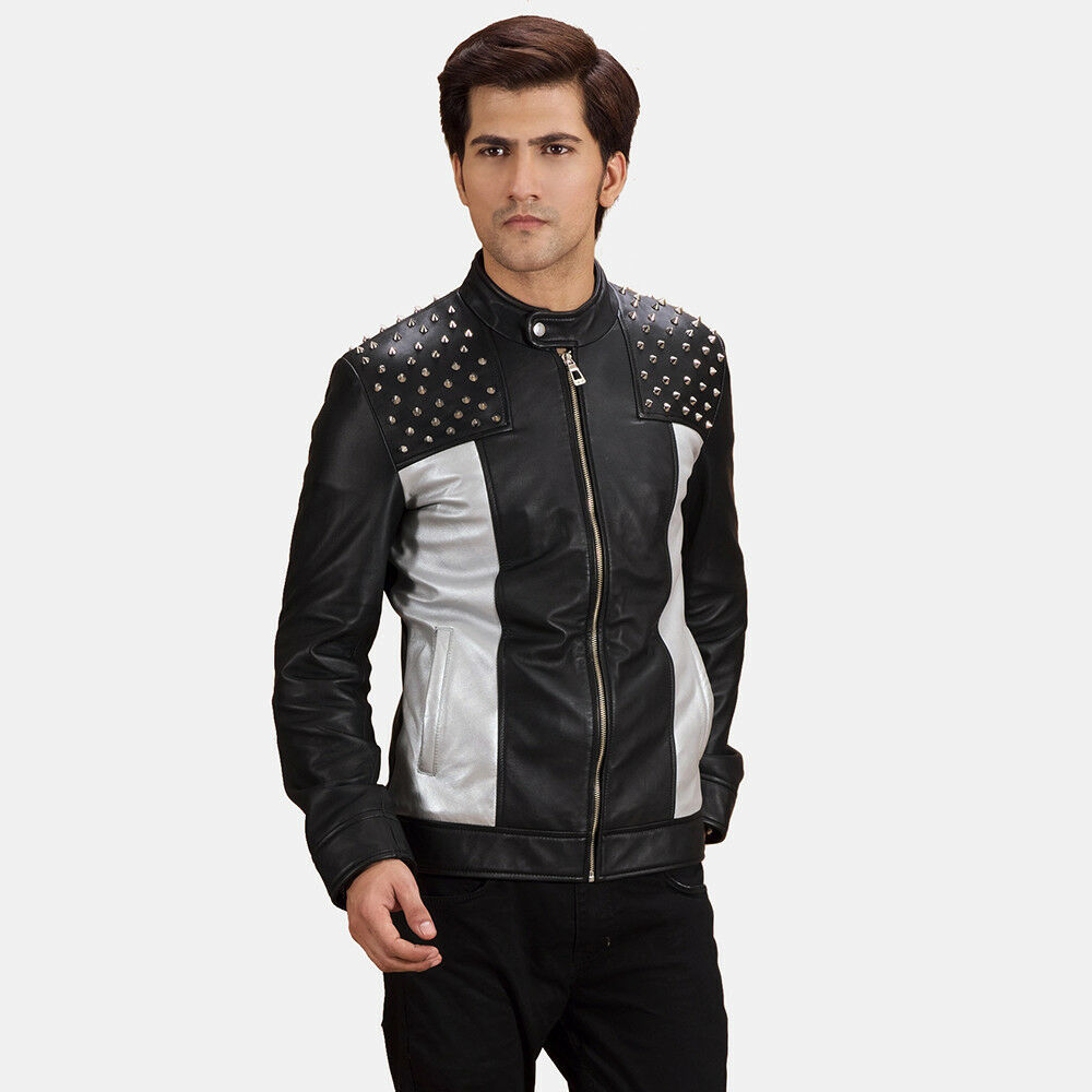 Men Two Tone Black Gray Cont Biker Leather Tab Collar Silver Small Studs Jacket