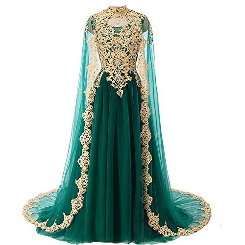 Plus Size Gold Lace Long Prom Dress Evening Gowns with Cape Emerald Green US 20W
