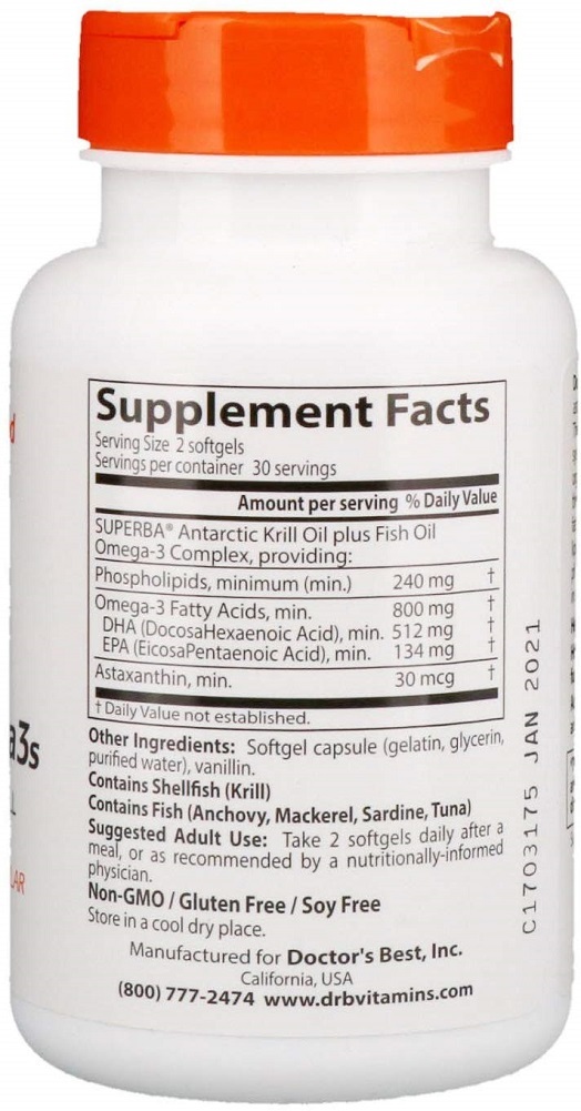 Doctor's Best Enhanced Krill Plus Omega 3s with SUPERBA Krill, 60 Softgels