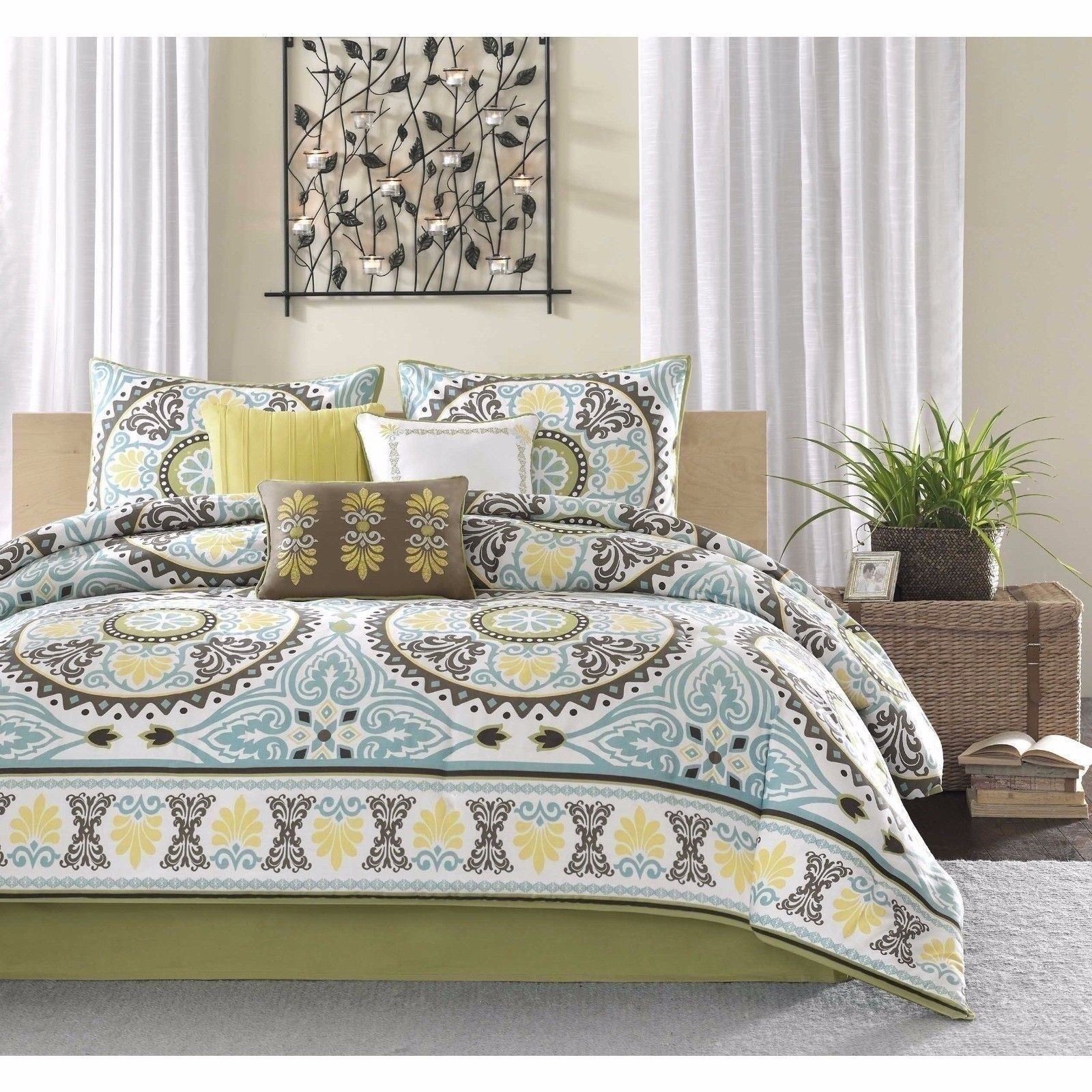 Queen Cal King Bed Blue Yellow Brown Medallion Damask 7 pc ...