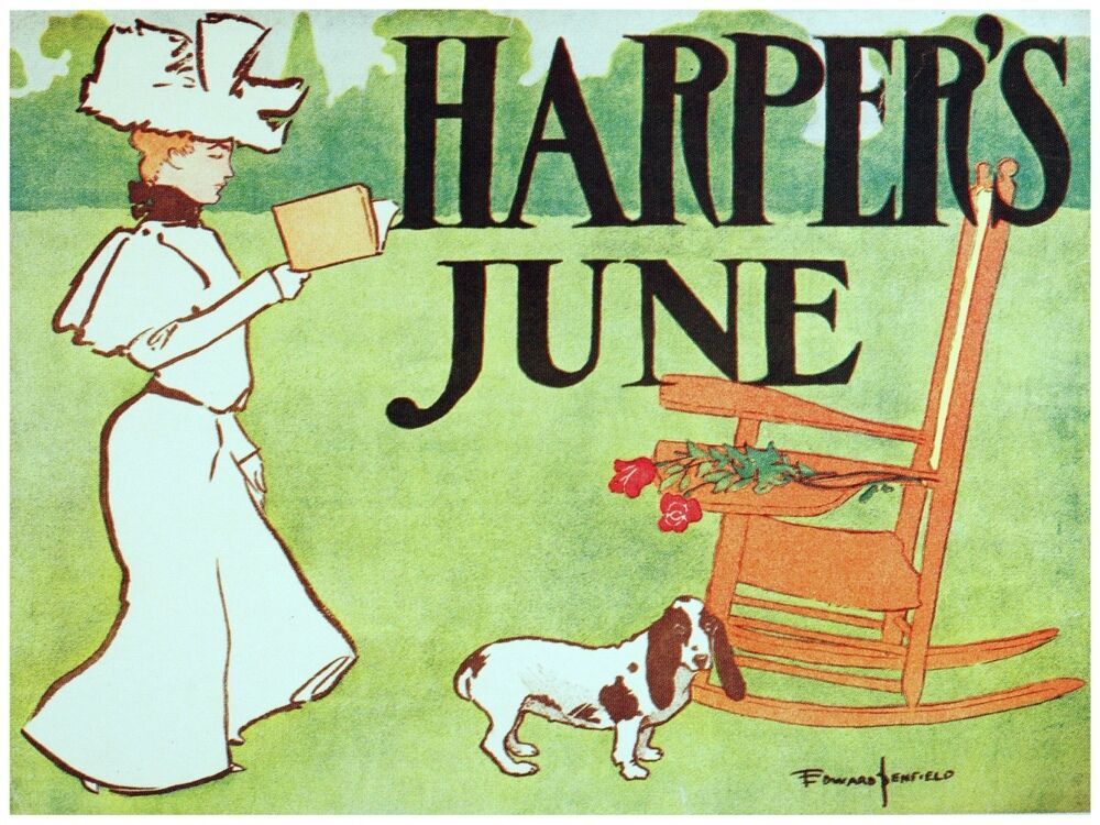 8171.Harper's June.woman dressed in white walking dog.POSTER.art wall decor