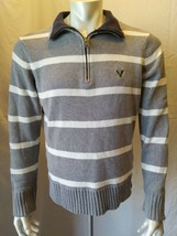 American Eagle1/4 Zip sweater Mens Large Gray Striped Long Sleeve Cotton - $23.99