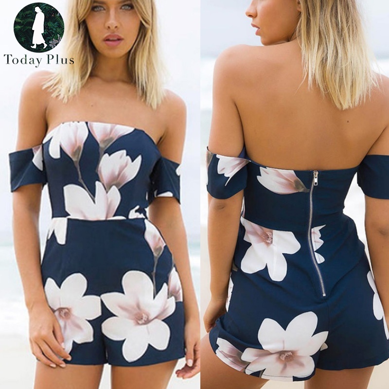 2021 Women Summer Sexy Floral Print Wrap Chest Off Shoulder Jumpsuit Cotton Slas