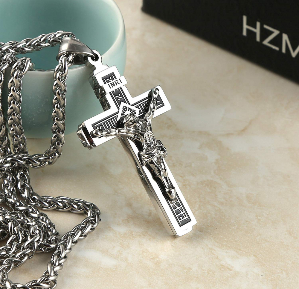 HZMAN Catholic Jesus Christ on INRI Cross Crucifix Stainless Steel ...