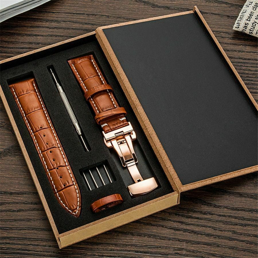 Genuine Leather 16MM-22MM Watch Band Strap Kit Butterfly Buckle Deployment Clasp