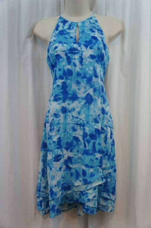 Calvin Klein Dress Pettie Sz 4P Blue Print Chiffon Tier Casual Cocktail ...