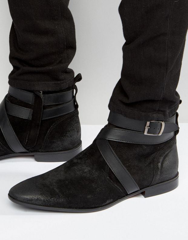 Bespoke Men's Black Suede Leather Jodhpurs Buckle Strap Formal Leather Boots