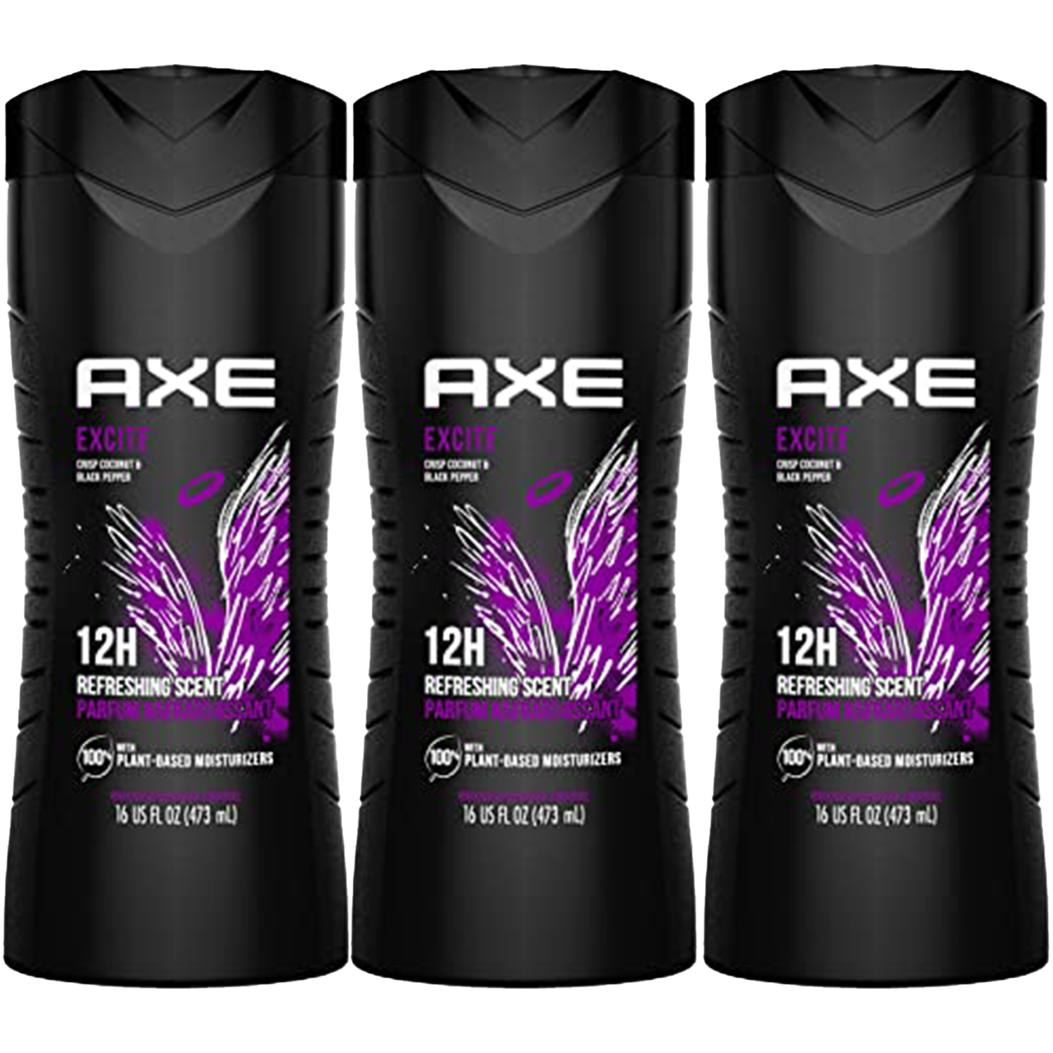 3-New AXE Body Wash 12h Refreshing Scent Excite Crisp Coconut & Black Pepper wit