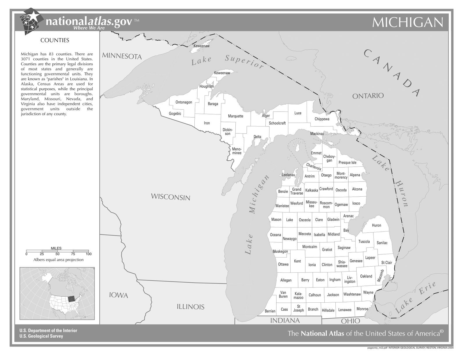 Michigan State Counties (Black&White) Laminated Wall Map - US